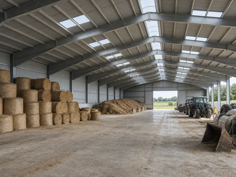 Pole-frame hay barn beside crop fields in a rural setting
