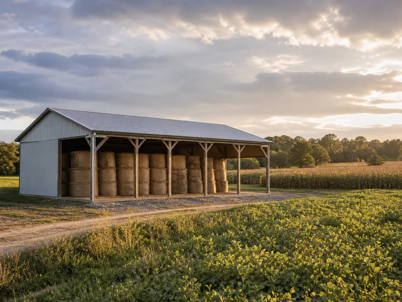 Steel portal frame and purlins of a farm building under construction