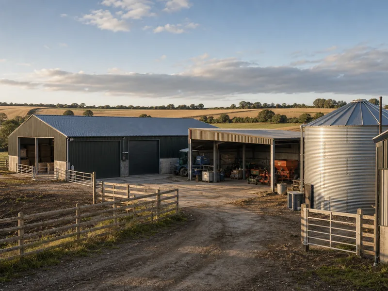 Metal barn, equipment shed, and grain store on a livestock farm