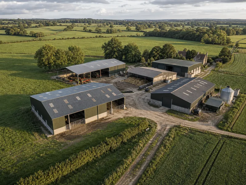 Aerial view of a farm holding where buildings share one agricultural unit