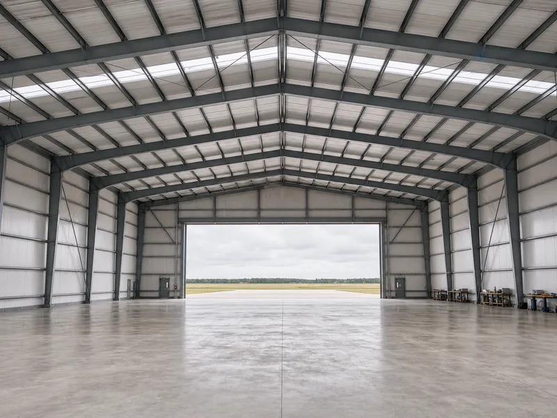 Intérieur sans colonnes d’un hangar en acier, illustrant des fermes à portée libre de structure rigide