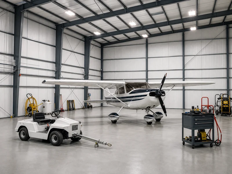 Single-engine aircraft and ground support equipment inside a steel hangar bay