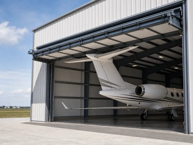 Grande porte de hangar à battants relevée pour permettre le passage de la queue d’un jet d’affaires