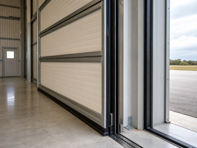 Insulated hangar door leaves and perimeter seals on a metal hangar