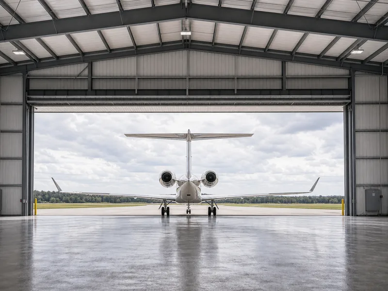 Large porte de hangar entièrement ouverte avec un avion au seuil