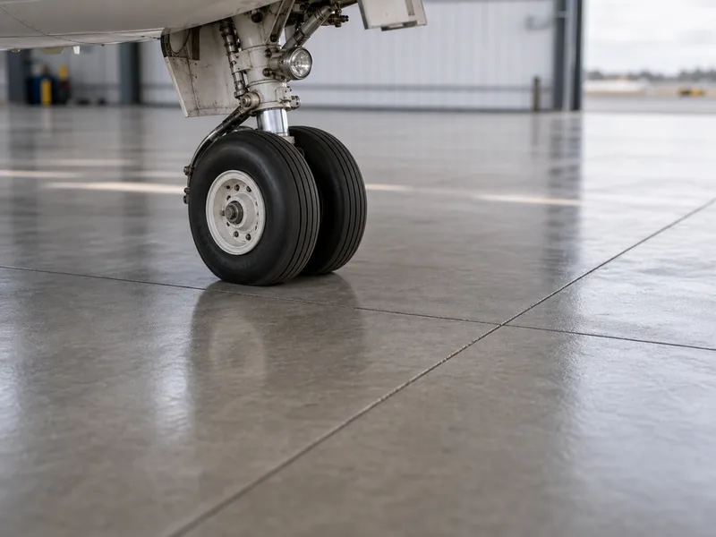 Dalle de sol de hangar en béton armé supportant les charges du train d’atterrissage de l’avion