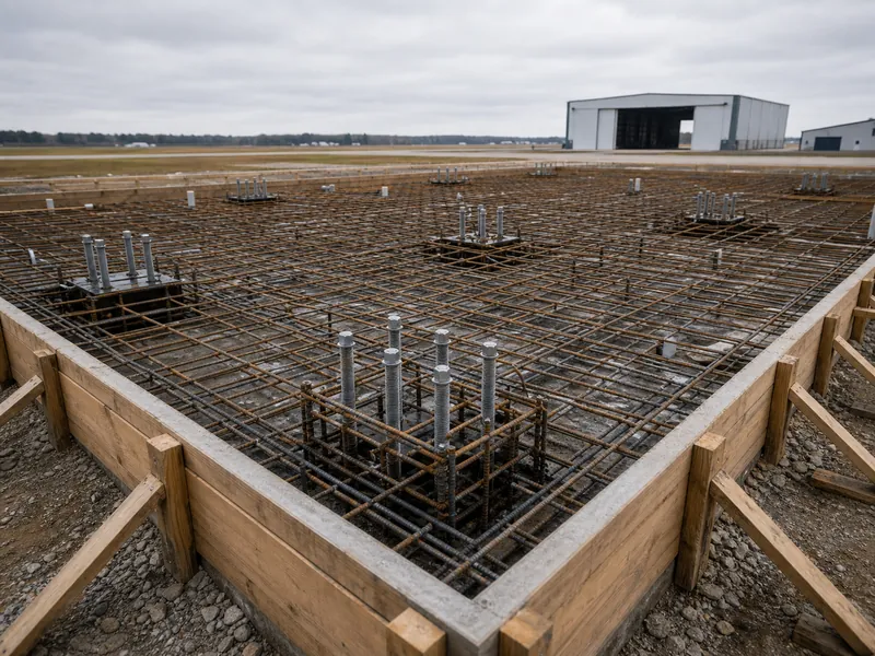 Dalle en béton armé et ferraillage préparés pour les charges ponctuelles des aéronefs dans un hangar