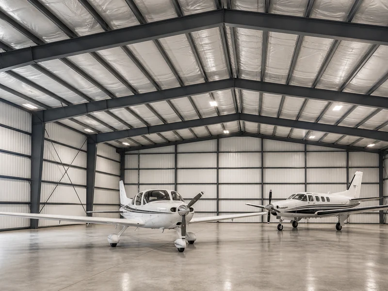 Insulated metal hangar interior with aircraft under a clear-span steel roof