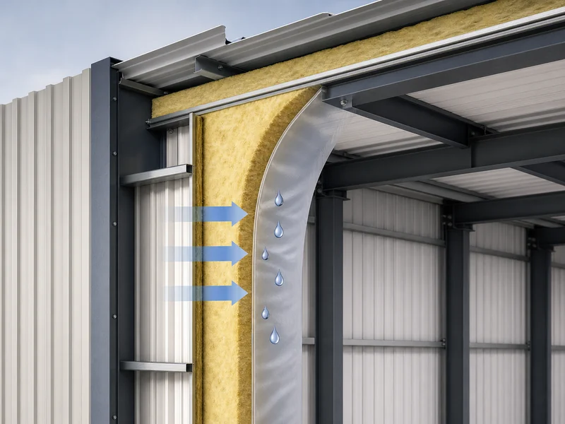 Vapor retarder on the warm side of hangar insulation stopping condensation