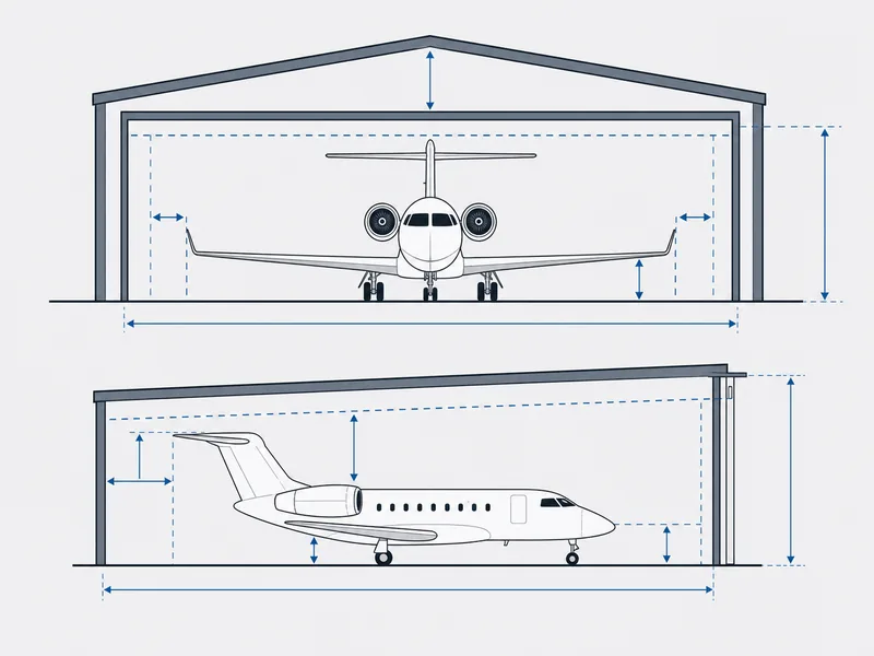 Schéma reliant l’envergure des ailes et la hauteur de la queue d’un avion à la portée libre du hangar et à la taille de la porte
