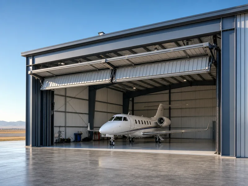 Open bifold door on a steel-frame airplane hangar at an airfield