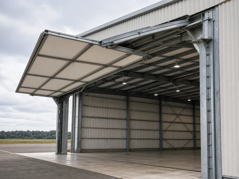 Large bi-fold hangar door open on a steel-framed airplane hangar