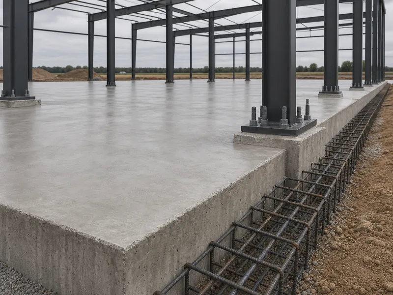 Reinforced concrete slab and footings for an airplane hangar floor