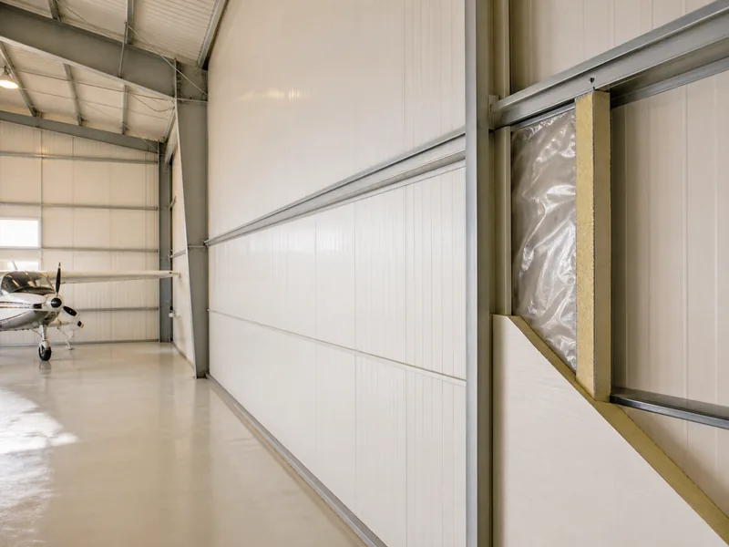 Insulated sandwich-panel wall lining a climate-controlled aircraft hangar bay