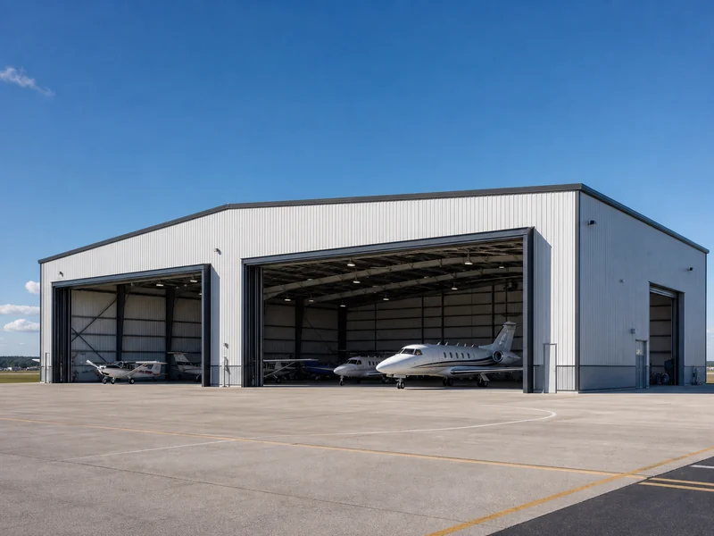 Steel airplane hangar with large doors at a regional airport under clear sky