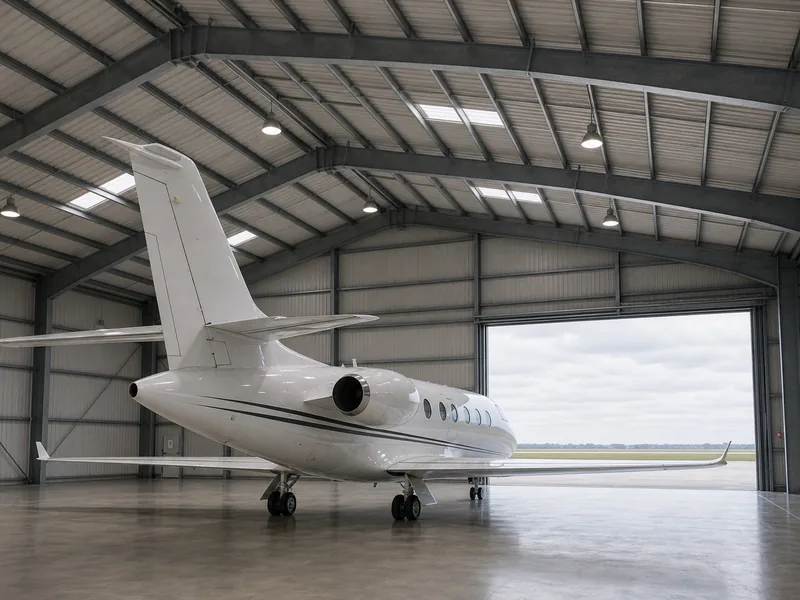 Business jet inside a hangar showing tail clearance under the roof