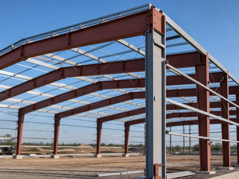 Column-free steel rigid frame and purlins inside an aircraft hangar under construction