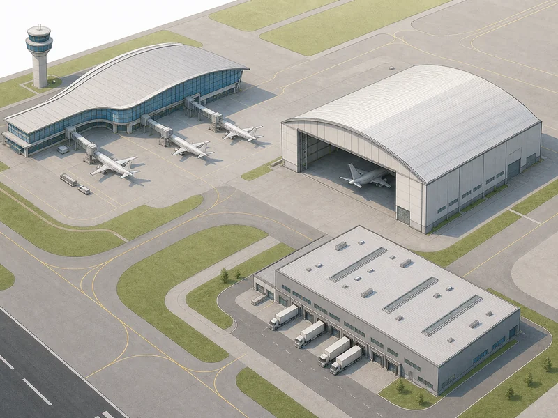Airport buildings grouped by span: terminal, hangars, and cargo facility