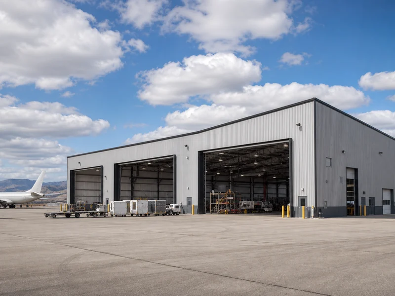 Steel-framed air cargo and maintenance building on an airfield