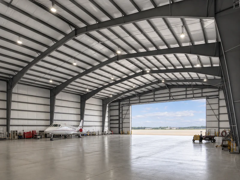 Column-free steel rigid frame inside an airport aircraft hangar