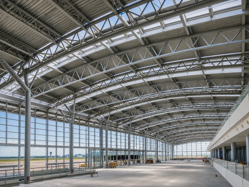 Long-span steel roof framing over an airport terminal hall