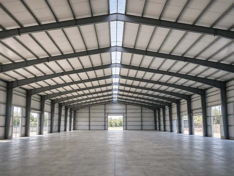 Open column-free interior of a steel building