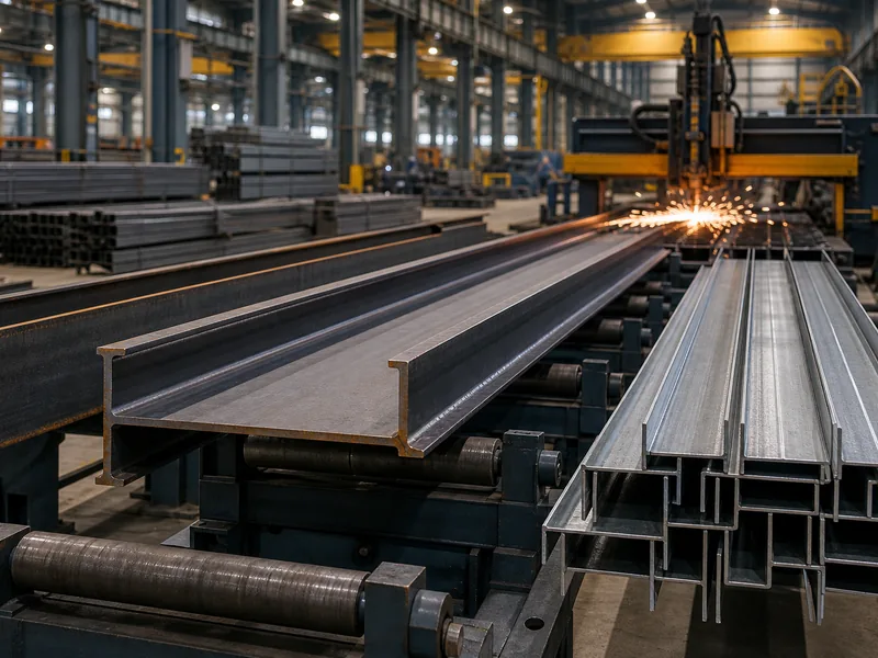 Steel building fabrication line cutting H-beams and purlins
