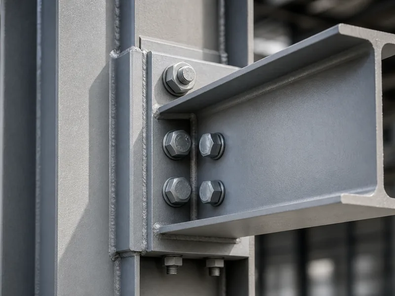 Close-up of a steel building frame connection and protective coating