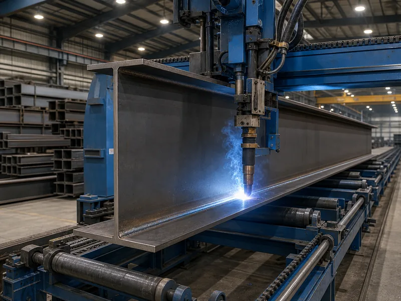 Built-up H-section steel column being welded on a factory fabrication line