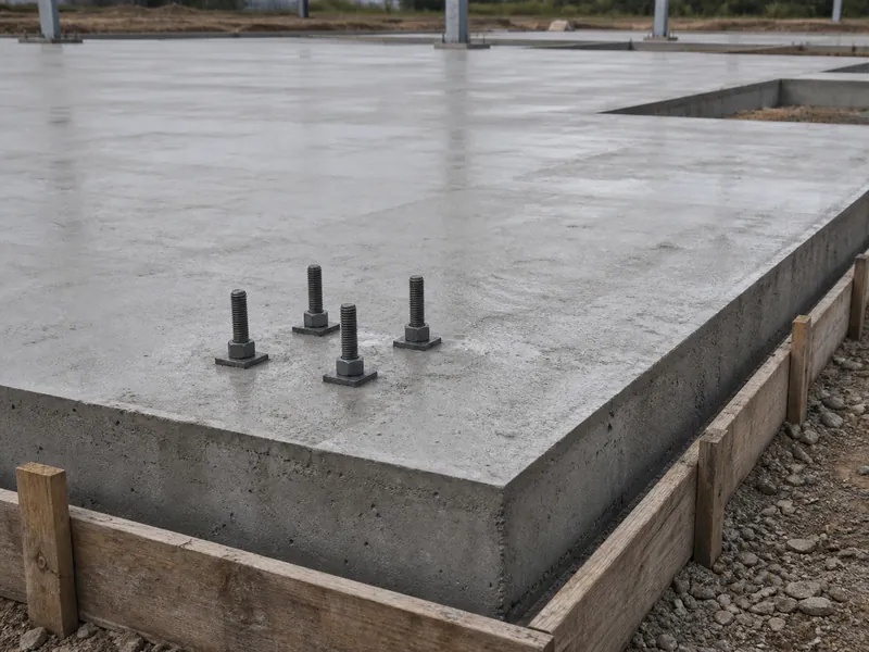 Losa de concreto armado con pernos de anclaje instalados para el esqueleto de acero del almacén