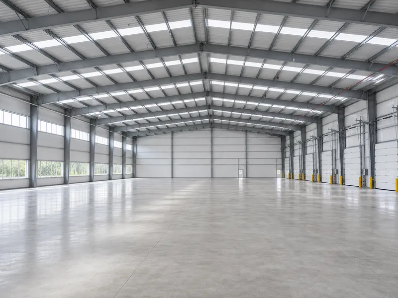Interior vacío de un almacén sin columnas, con gran altura libre y puertas de muelle listas para el estantería