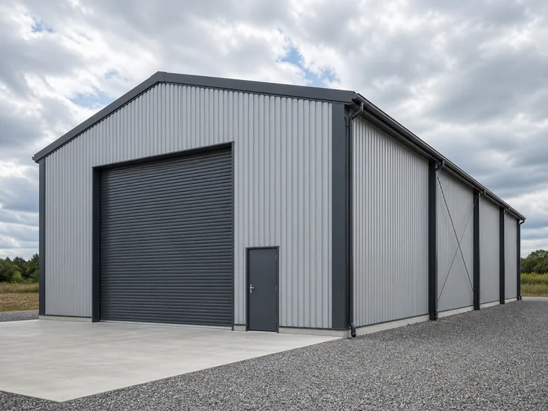 Home 57 Steel frame workshop building with a column-free interior and roll-up doors