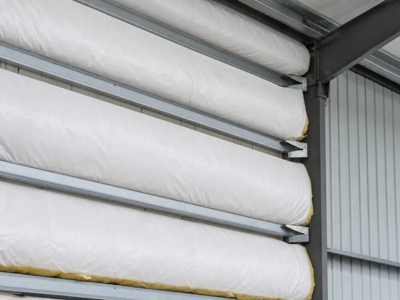 Vapor-faced fiberglass blanket draped over steel purlins before wall panels