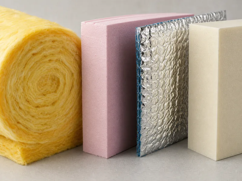 Fiberglass batt, rigid foam board, and reflective foil insulation samples side by side