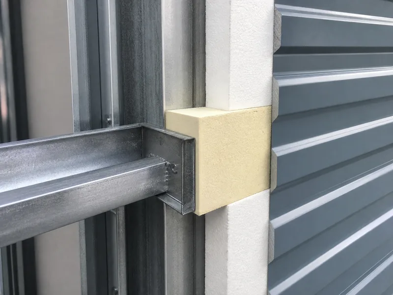 Rigid board and thermal block breaking the heat path at a steel girt