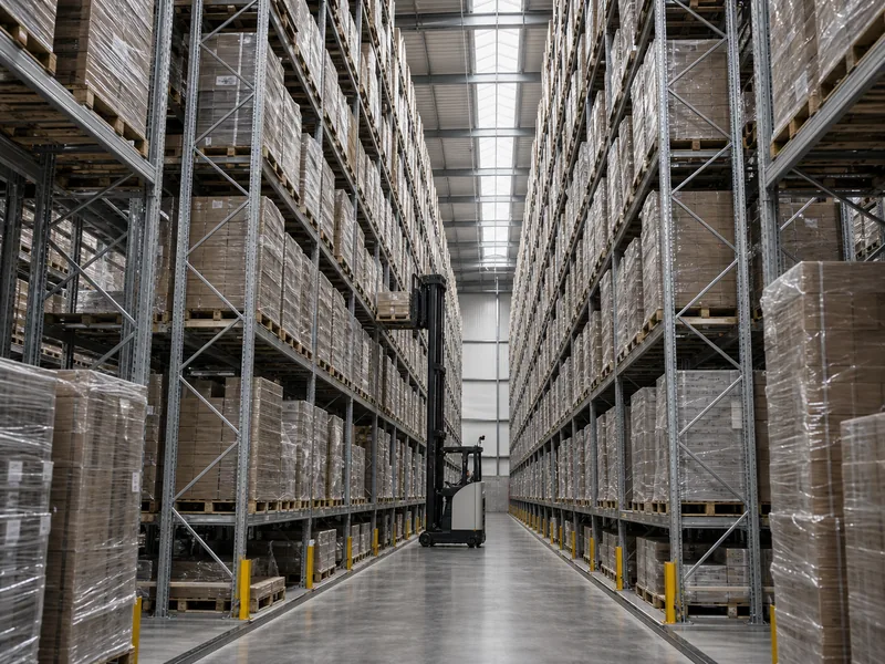 Bulk storage warehouse with high-bay racking reaching tall clear height