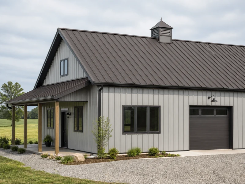 Metal building with a Burnished Slate roof and light gray walls in daylight