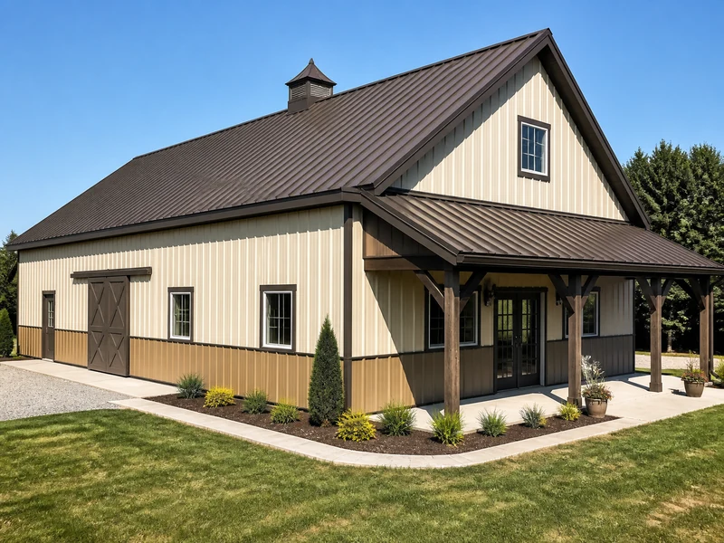 Toit métallique Burnished Slate associé à un bardage neutre clair sur une maison