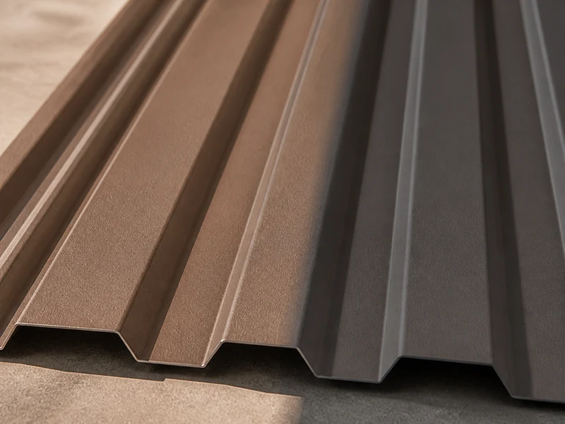 Panneau métallique Burnished Slate montrant son sous-ton gris-brun chaud à la lumière du soleil