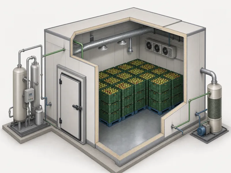 Cutaway of a controlled atmosphere room showing insulated panels and a sealed gas-tight door