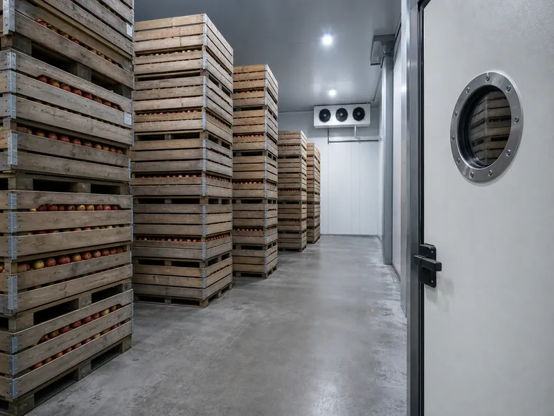 Stacked fruit bins inside a sealed CA storage room held at low oxygen