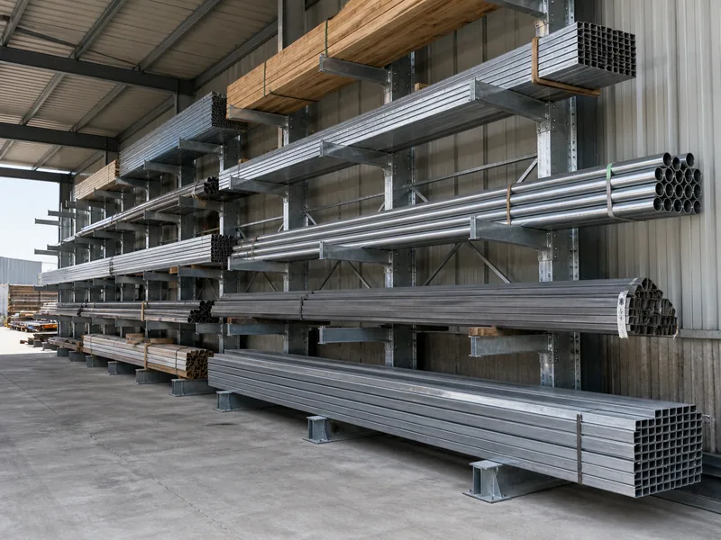 Cantilever racking arms holding pipe and steel stock without front uprights