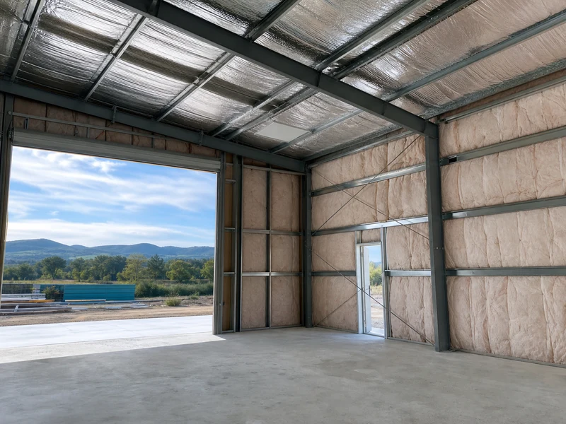 Fiberglass blanket and reflective foil insulation lining the walls and roof of a metal building