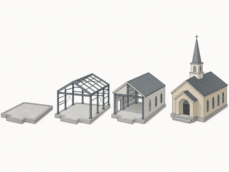 Illustration of the church building construction sequence from concrete foundation to steel
