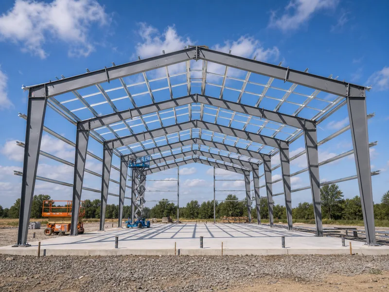 Pre-engineered steel church frame under construction, representing the steel package share of the church building cost breakdown