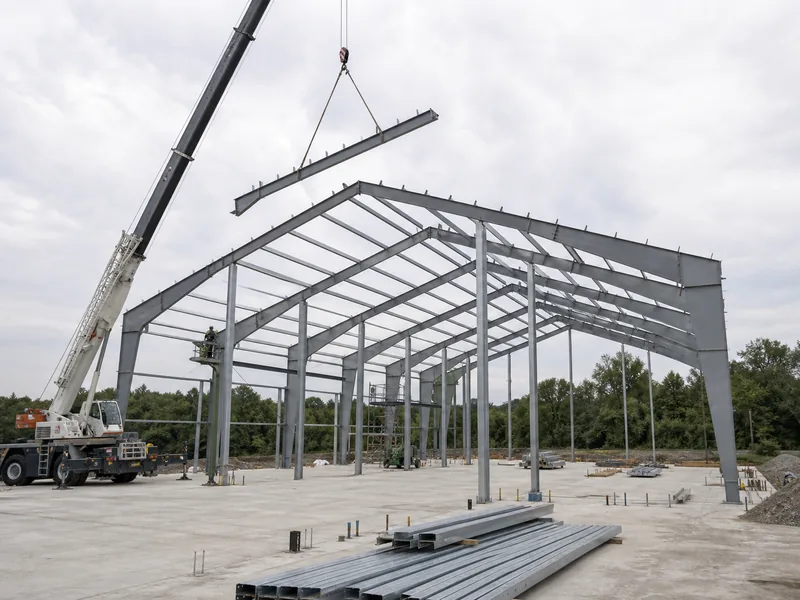 Steel church frame erection by crane