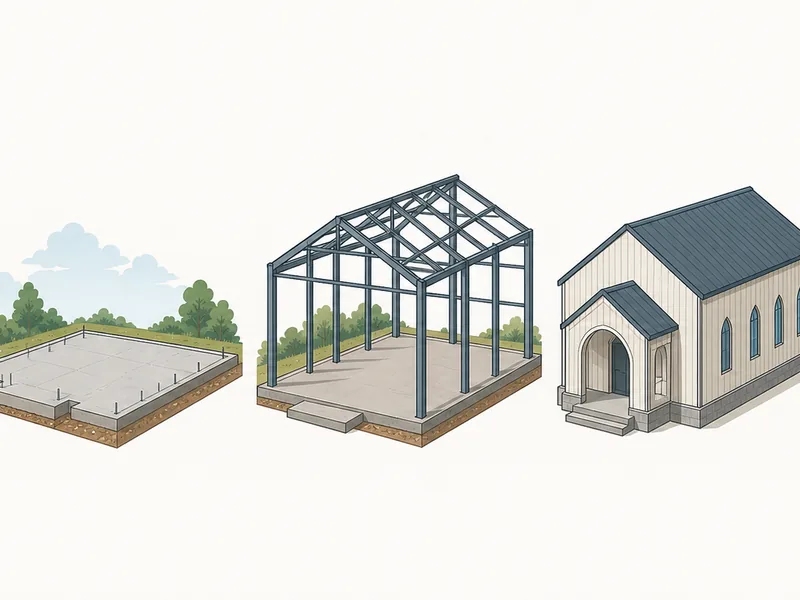 Sequence of church construction phases from foundation and slab to structural frame