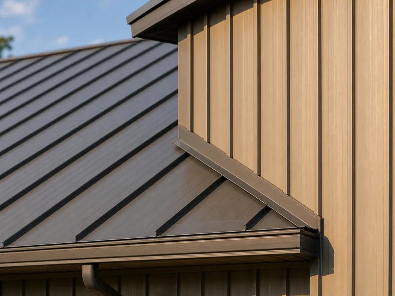 Standing-seam metal roof and wall cladding on a church building, a finish choice that affects the cost to build a church