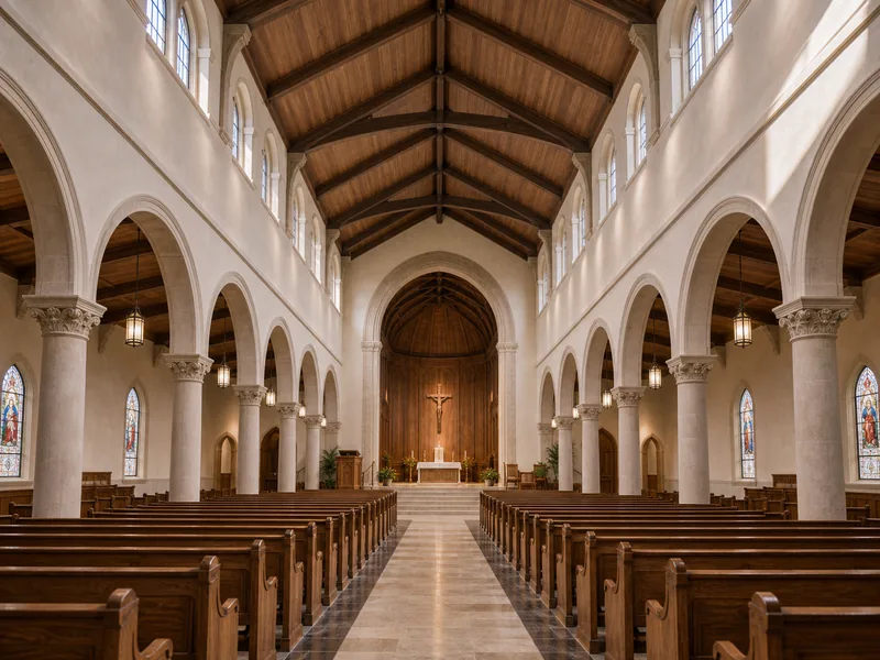 Interior de la nave de una iglesia con bancos y naves laterales frente al presbiterio