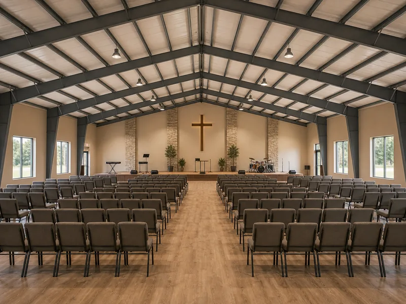 Column-free clear-span church sanctuary interior with open seating, showing how size and seating capacity drive the cost to build a church